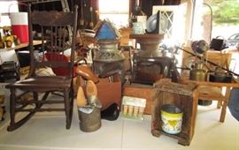 Antique rocking chair, shoe stretchers, misc. vintage wooden boxes, etc.
