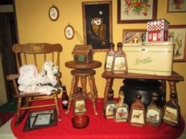 Vintage Child's rocker, organ stool w/ glass ball feet, vintage metal bread box, Vintage Beam bottles