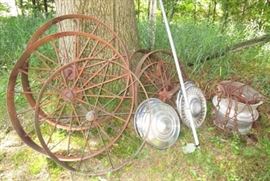 Antique steel wheels and car hub caps