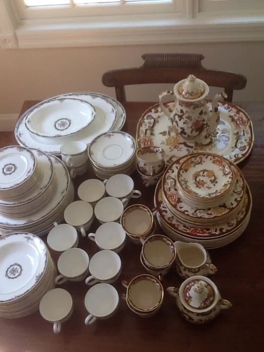 Wide shot of the Wedgwood service for 12 (left) and the Mason service for 8 (right) 