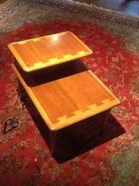 Beautiful pair of Lane midcentury modern two tier end tables. One is in very good condition (pictured) the other has slight damage to veneer but is easily fixed. 