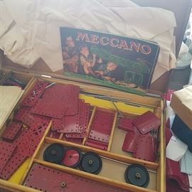 1950's Meccano Erector Type of Toy - Original Wooden Box, Manuals, Nuts & Bolts, & Transformer. Manufactured in England.