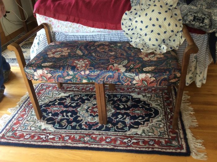 ANTIQUE BED BENCH AND ONE OF DOZENS OF ORIENTAL RUGS