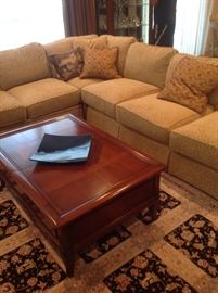 Pearson sectional, mahogany coffee table, top lifts up, storage for glasses inside