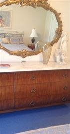 Maslow Freen marble top chest, gilt mirror, marble sttue
