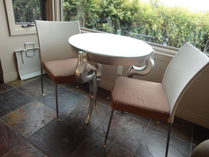 Silverleaf goat-leg table; pair of side chairs