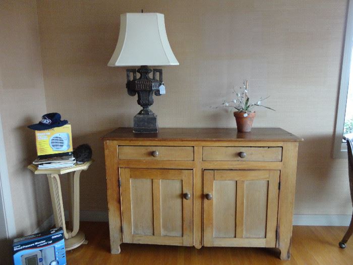 Primitive pine cabinet; handcarved wood urn lamp