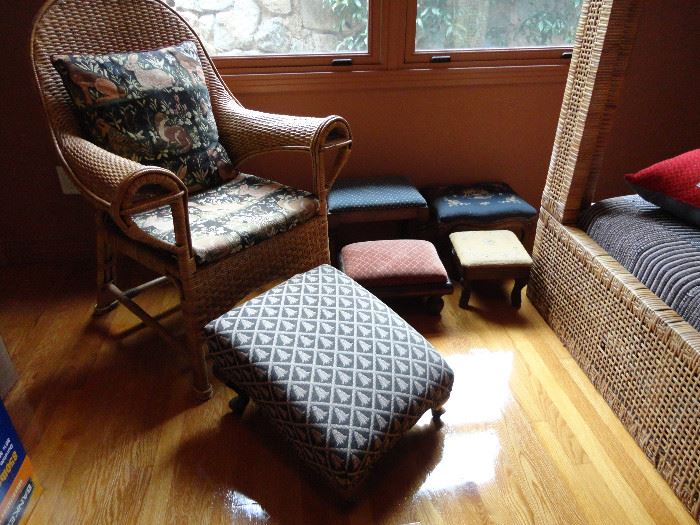 Rattan armchair; antique gout bench