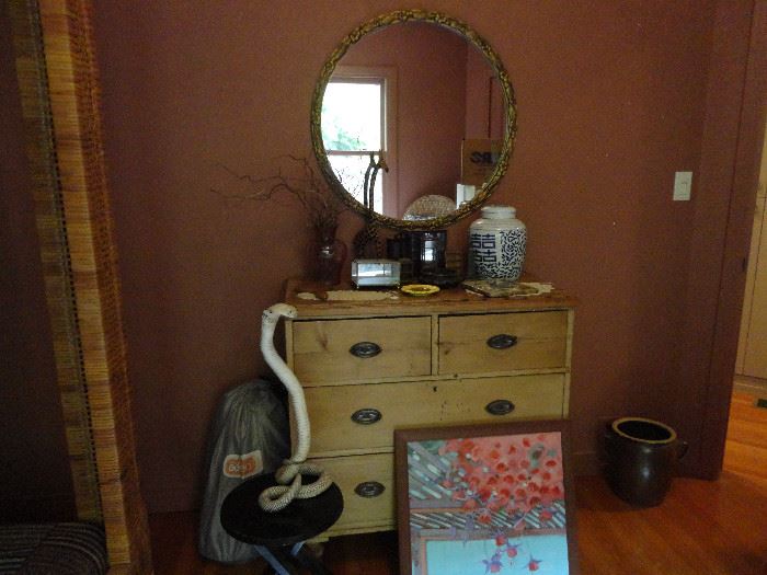 Pine chest, round mirror (cobra is sold), oil painting; crock