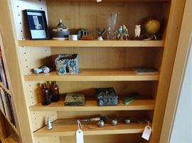 Candle snuffer, sleigh bells, boxes, bird figurines, Antique Persian Pen Stand