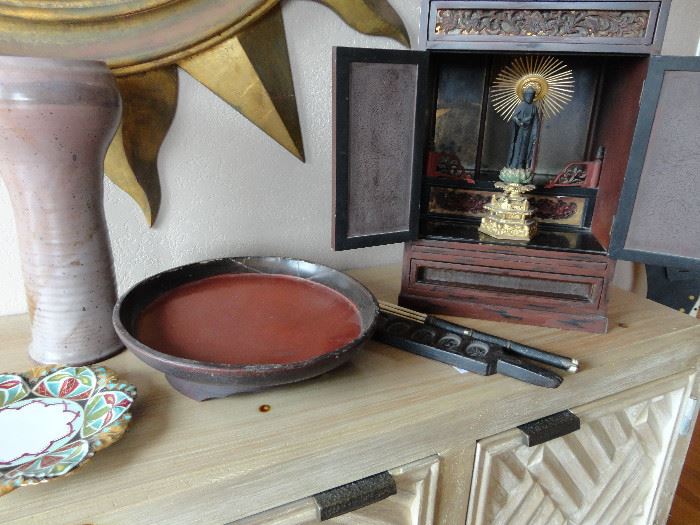 Antique Japanese shrine, food dish, rice mold, utensil set, handthrown pot; handpainted plate