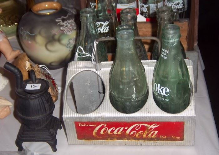 Antique Coke Caddy w/ Old Coke Bottles