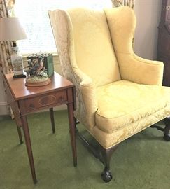 Baker wing chair - beautiful lines, ball & claw feet - in yellow silk damask.