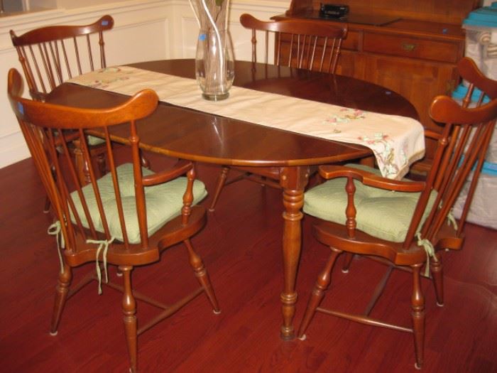 Heywood Wakefield "Old Colony" dining table, windsor chairs.
