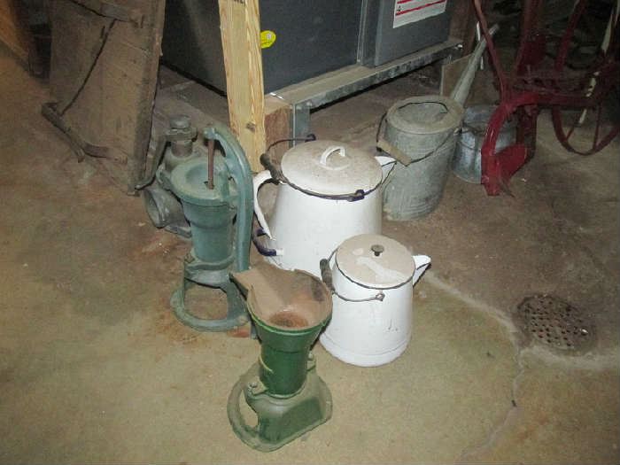 Watering Can, Hand Pumps and Enamel Coffee Pots