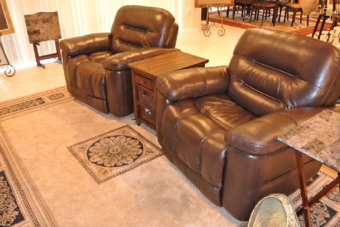 Brown Leather Power Reclining Chairs - (4) Large Area Rugs 