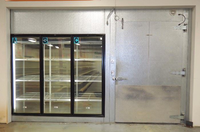 Walk In Cooler / Freezer Complex, Overall: 10'H x 98'L x 35'D, Includes 4 - 5' Traffic Doors, 12 Glass Display Doors, 2-2 Fan Bohn Evaps, 2-4 Fan Bohn Evaps