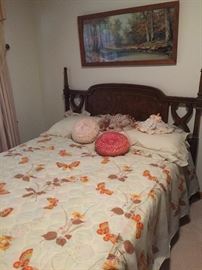 70's style full bed with headboard, mattress and bedding,