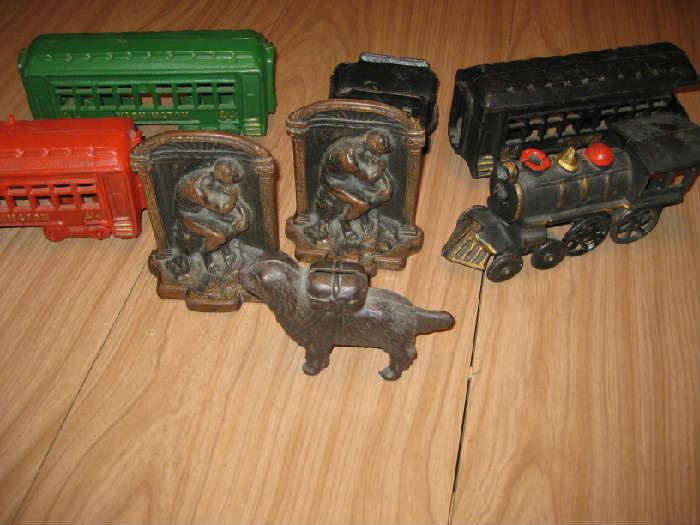 reproduction train set, old bookends & bank
