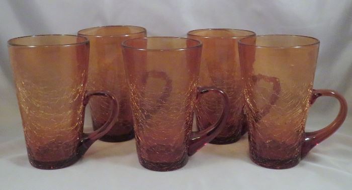 Vintage Set of (5) Bischoff (West Virginia) Crackle Art Glass Mugs
