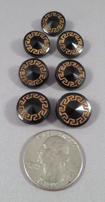Elegant Rivoli Shaped Black Glass Buttons with Gilt Greek Key Motif