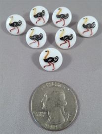 Whimsical Milk Glass Buttons with Hand-Painted Ostrich Decoration