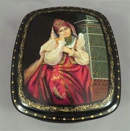 Outstanding Signed Fedoskino Russian Laquer Box depicting "Girl at the Stove" 
