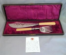 Elegant Ivory/Bone Handled Sterling & Silverplate Fish Serving Set In Original Case by Henry Graves circa 1906  