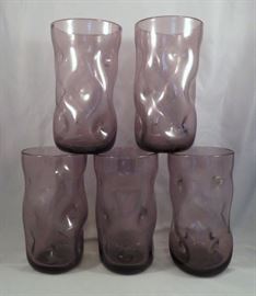 (5) Large Blenko Dimple or Pinched Highball Glasses in Amethyst Coloration