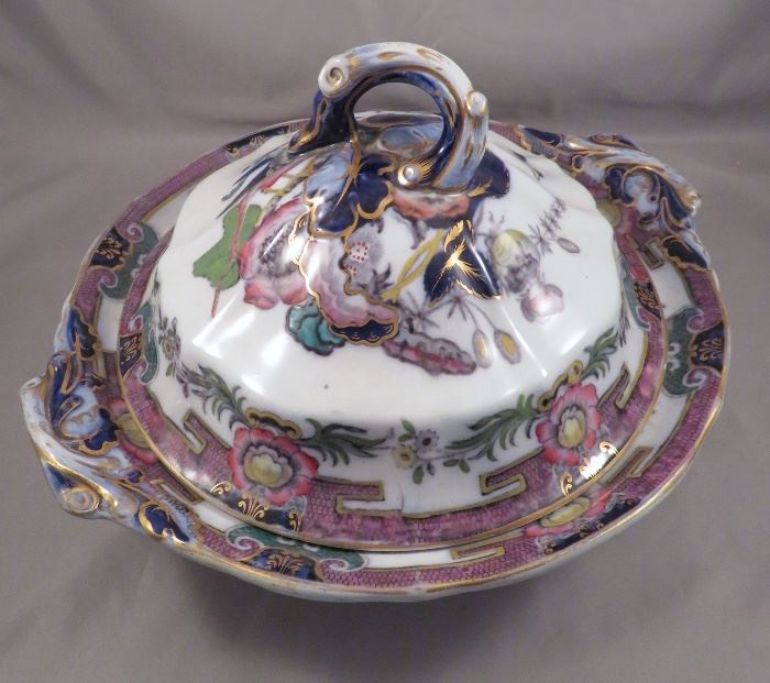 1842-1845 Ridgway & Morley "Pheasant" Ironstone Tureen with Flow Blue and Polychrome Transferware Decoration