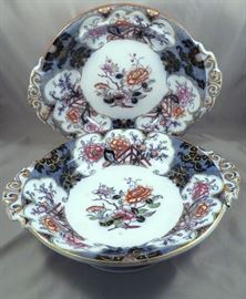 Pair of Ridway, Sparkes & Ridgeway "Siva" Ironstone Vegetable Serving Plates with Flow Blue & Polychrome Transferware Decoration
