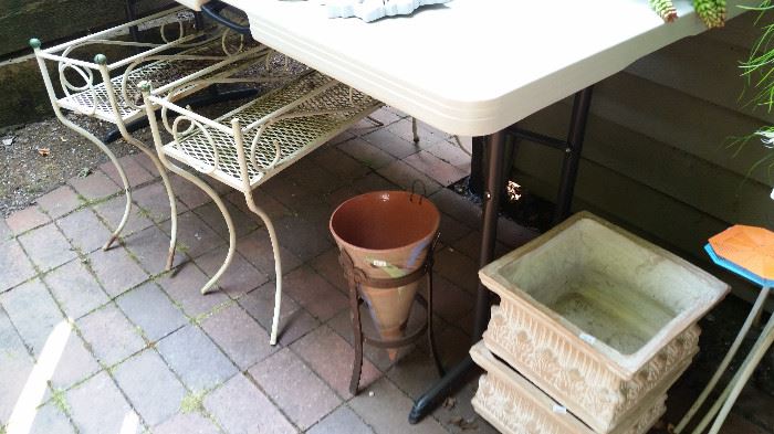 Wrought iron and planter pots