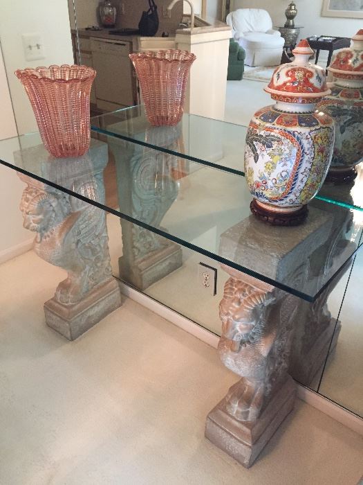 Side Table /Entryway Table - ceramic and Glass, Asian Ceramic vases and hand-blown glass vase