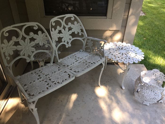 love seat - vintage wrought iron with side table and planter