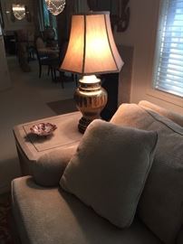 brass table lamp and fossil stone side table