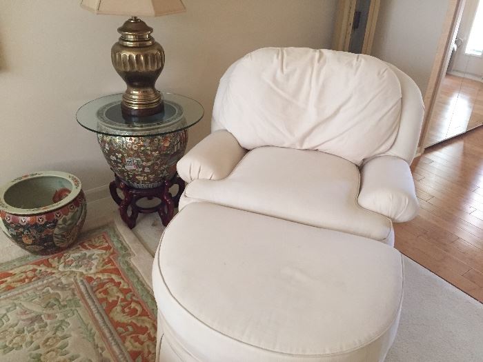 Arm Chair with ottoman, asian pots and brass lamp