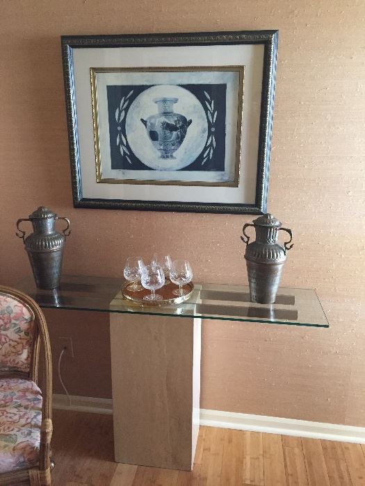 Stone and Glass sofa table, pewter urns, and lovely framed print
