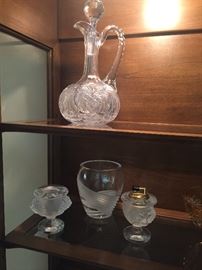 Lalique lighter, cigarette holder, vase and cut crystal decanters