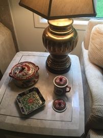 Brass lamp, fossil stone side table and asian pieces