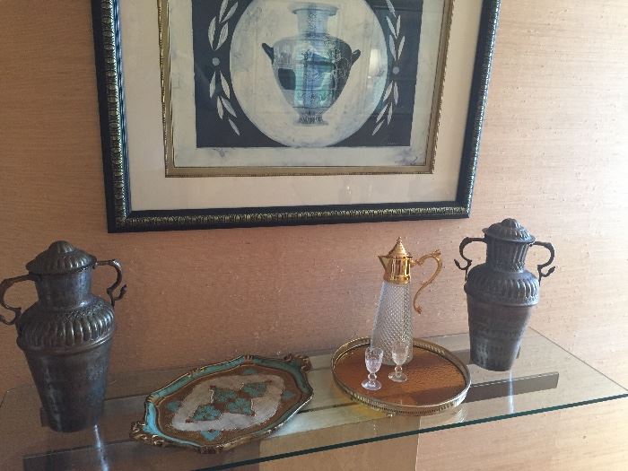 gilt tray, colored glass and S/P serving tray, urns and more!