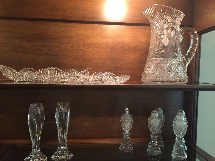 Vintage cut crystal dishes and salt and pepper shakers, candle holders and pitchers