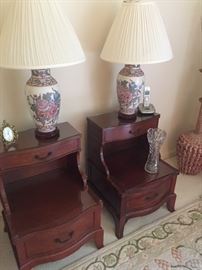 Two tiered side tables/nightstands with 2 drawers, porcelain lamps and more