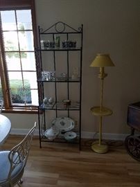 Vintage tin floor lamp, metal rack, Aurora glasses