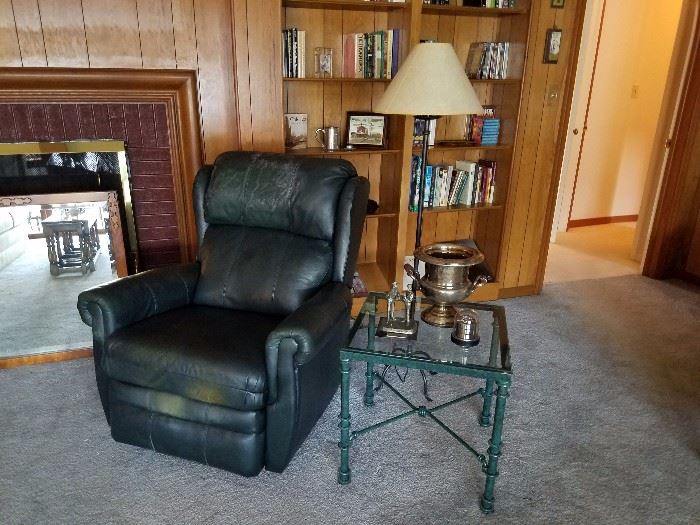 Leather recliner, steel bamboo table