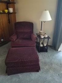 Chair and ottoman, table lamp