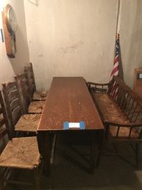 Vintage table, bench and 4 cane chairs