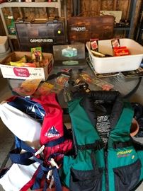 Lures, life jackets, tackle boxes