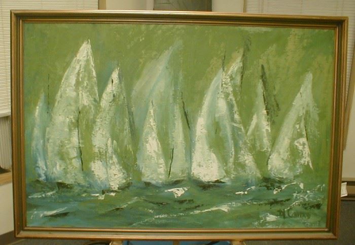 Impressionism painting on canvas board of sailboats. Signed DL Cannon. Daniel George Cannon??? Mid-20th century. 24x36"