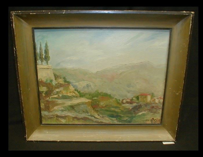 French Impressionist painting on canvas board of a Mediterranean landscape. Signed Rubens with a stamp from Cannes, France. 16 x 12 7/8"