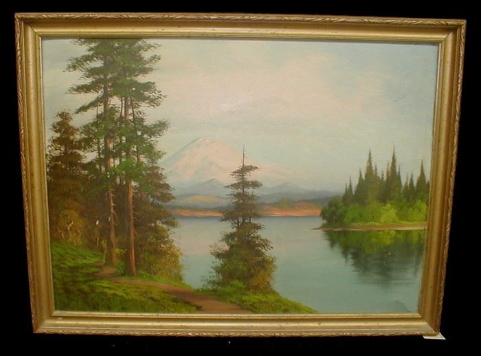 1920's landscape painting on panel of Mt. Rainier. Frame is 28.25 x 21.5". The panel is convex and there is a crack in the paint on the lower right corner